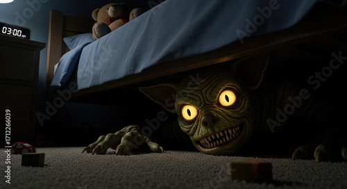 Scary monster under bed lurks in shadows. Monster under bed with glowing eyes and menacing grin is ready to frighten children at night. This scary monster under bed image evokes fear and suspense.