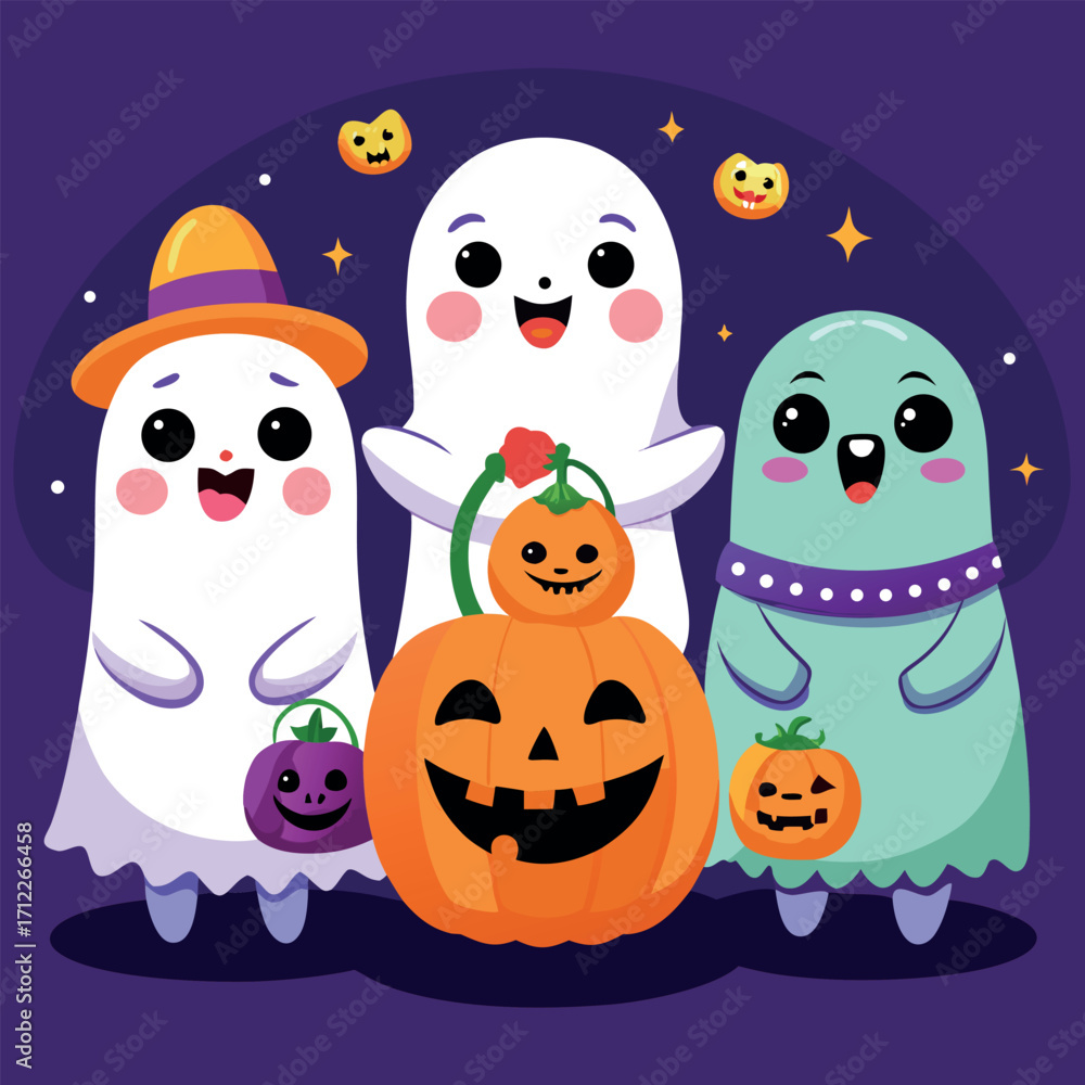 Obraz premium Playful ghosts holding candy buckets halloween design