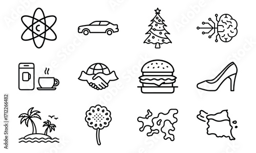 Set of Simple Line Icons – Atom Science Symbol, Car, Christmas Tree, Artificial Intelligence Brain, Mobile with Coffee Cup, Global Handshake, Burger, High Heel Shoe, Palm Trees Beach, Flower, Abstract