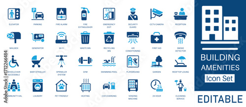 Building Amenities and Real Estate icon set. Contains symbols for Parking, Gym, Wi-Fi, Pet Friendly and Car Charging. Solid  vector icons for apartment facilities and property management.