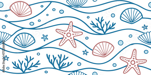 Seamless Hand-Drawn Doodle Ocean Life Set with Seashells, Starfish, Coral, and Waves on Transparent Background for Marine and Beach Designs