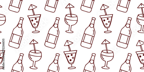 Seamless Hand-Drawn Doodle Beverage Set with Wine Bottles, Cocktails, Smoothies, and Sodas on Transparent Background for Drink and Party Designs