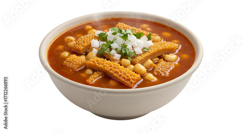Menudo rojo spicy beef tripe soup with hominy