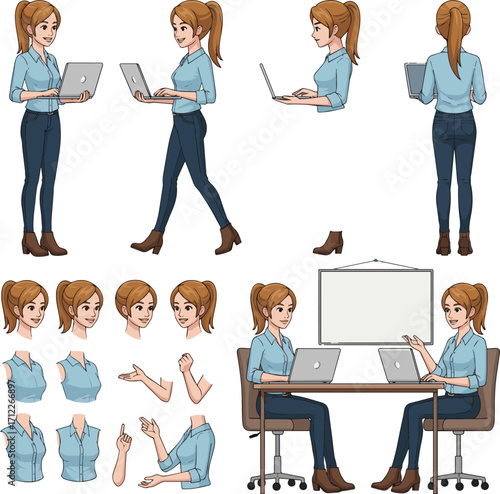 Isolated a kinds of deferent Casual young business woman holding laptop. Character constructor for animation. Front, side and back view set. Body parts, postures, poses collection. vector art .