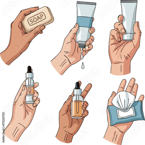 Isolated a kinds of deferent Characters hands holding various hygiene and skin care products, such as soap, cream, serum, wiped cleansing tissue. Beauty and skincare concept set. vector art with white