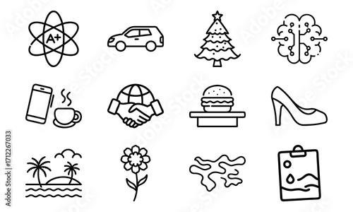 Set of Simple Line Icons – Atom Science Symbol, Car, Christmas Tree, Artificial Intelligence Brain, Mobile with Coffee Cup, Global Handshake, Burger, High Heel Shoe, Palm Trees Beach, Flower, Abstract