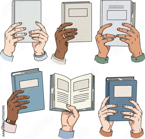 Isolated a kinds of deferent Characters hands holding closed and opened paper books. Literature, library, books exchange and book crossing concept. vector art with white background.
