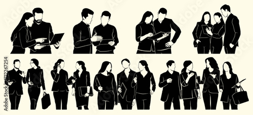 Silhouettes of business teams collaborating, discussing, and brainstorming around laptops, representing teamwork, office culture, and group communication.