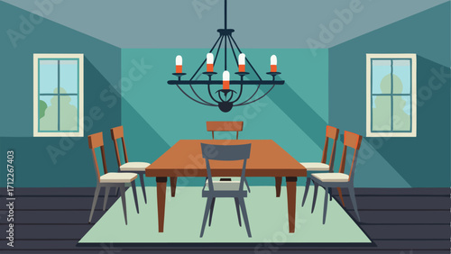 A dining room with a reclaimed wood table metal chairs and a statement chandelier made from repurposed materials.