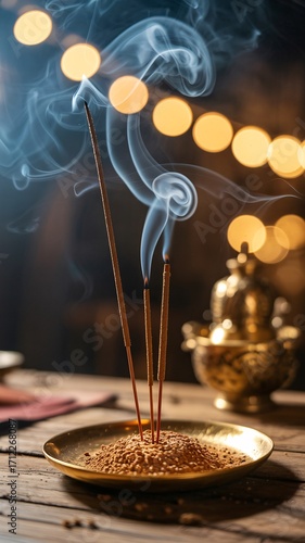 Aromatic Ritual Incense Sticks Releasing Fragrant Smoke with Bokeh Lights in a Serene Setting