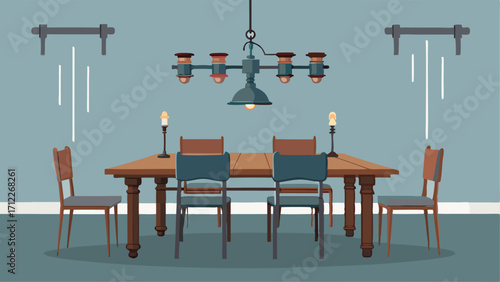 A dining room featuring a reclaimed wood table surrounded by mismatched metal chairs and a statement chandelier made from repurposed industrial pipes.