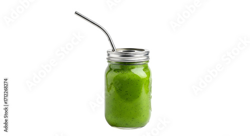 Green Smoothie in Mason Jar, isolated on white background