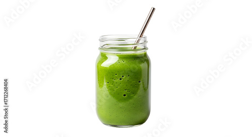 Green Smoothie in Mason Jar, isolated on white background