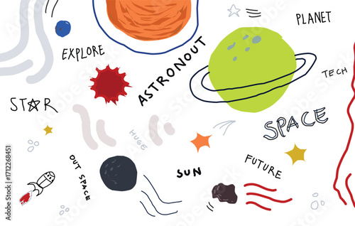 Space doodle illustration kids drawing on white background
