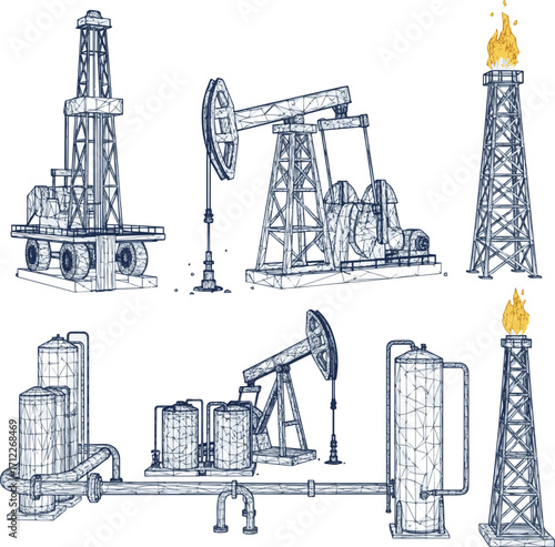  Isolated a kinds of deferent oil and gas drilling low poly wireframe banner template . Polygonal naphtha industry, earth mining, mineral resource extraction mesh dots. vector set art .