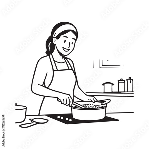 Black and White Vector Illustration of a Smiling Woman Cooking in Kitchen with Apron and Headband
