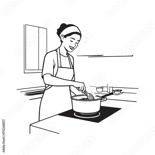 Black and White Vector Illustration of a Smiling Woman Cooking in Kitchen with Apron and Headband