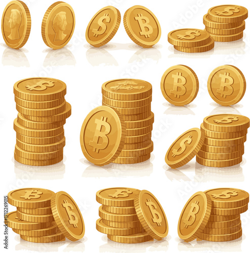  Isolated a kinds of deferent Realistic 3D golden coins in different positions perspective, isometric, frontal, rotating. vector art with white background.