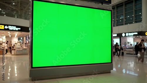 Large green screen digital display in airport terminal. Blank billboard for advertising, information, or content mockup.