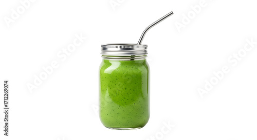 Green Smoothie in Mason Jar, isolated on white background