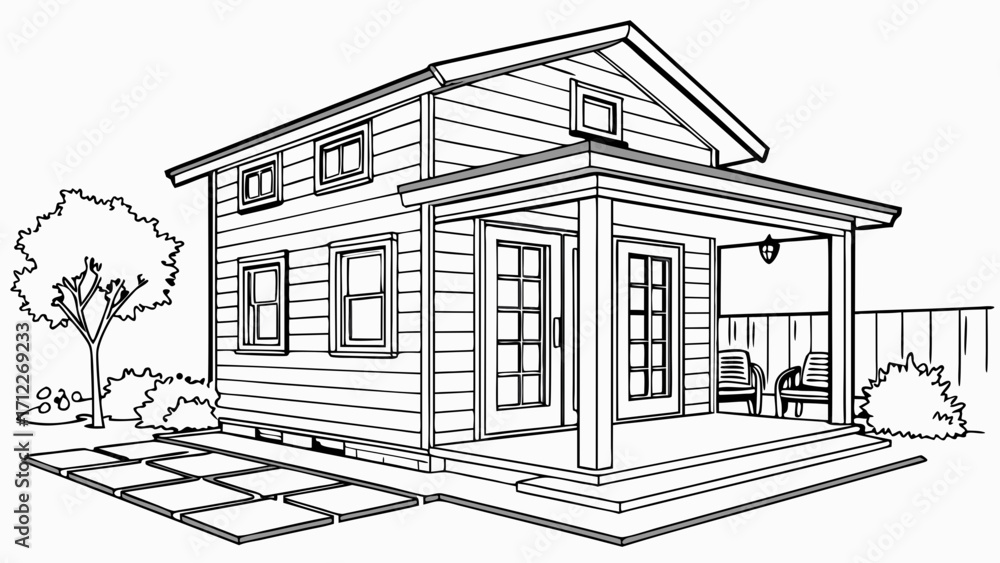Fototapeta premium Small House Exterior Line Drawing Home Design Cottage Porch Landscaping Illustration.