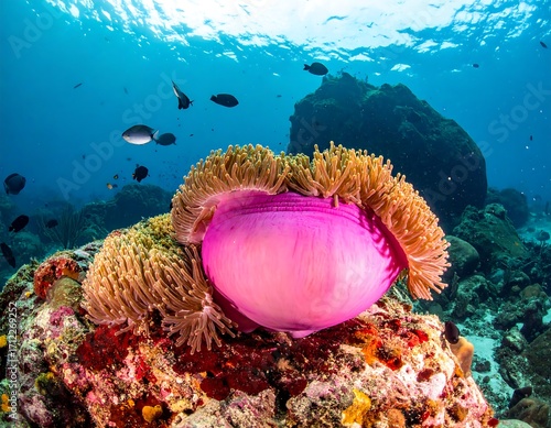 Pink anemone on coral reef. Underwater scene