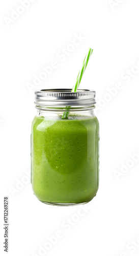 Green Smoothie in Mason Jar, isolated on white background