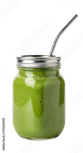 Green Smoothie in Mason Jar, isolated on white background
