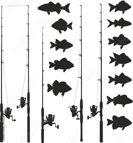 : Isolated a kinds of deferent Spinning rod and fish silhouettes vector art with white background.
