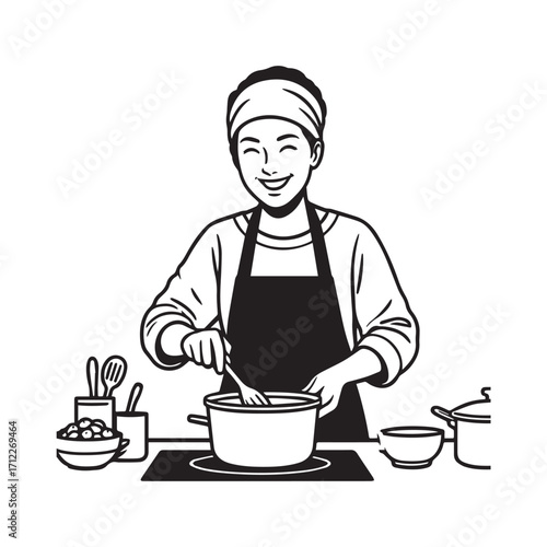 Black and White Vector Illustration of a Smiling Woman Cooking in Kitchen with Apron and Headband