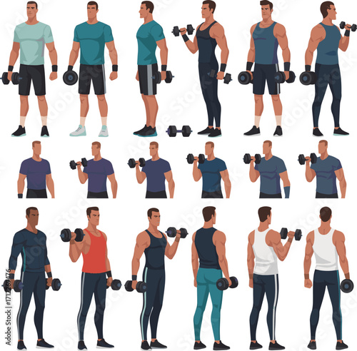  Isolated a Sporty man wearing fitness clothes holding dumbbells. Character constructor for animation. Front, side and back view set. Body parts, postures, poses collection. vector art .
