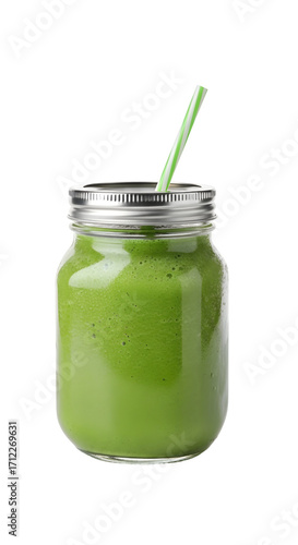 Green Smoothie in Mason Jar, isolated on white background