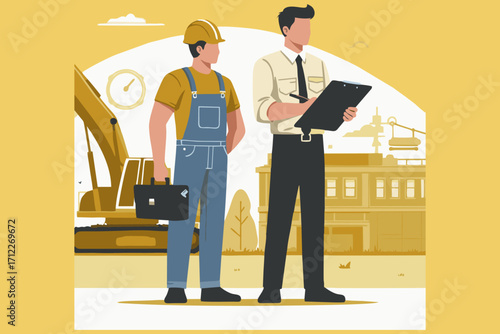 This is an illustration of a contractor and client suitable for use in project company designs, presentations, workers, engineers, architects, tenders, banners, posters, advertisements,
