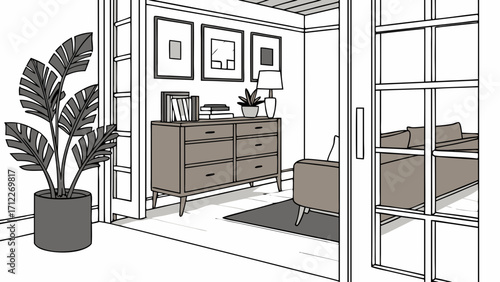 Stylish Modern Living Room Interior Design Sketch Home Decor Illustration.