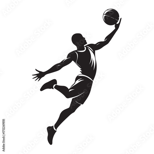 Silhouette of a basketball player jumping and dunking a ball, isolated on white background