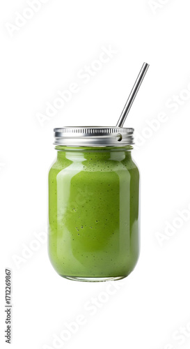 Green Smoothie in Mason Jar, isolated on white background