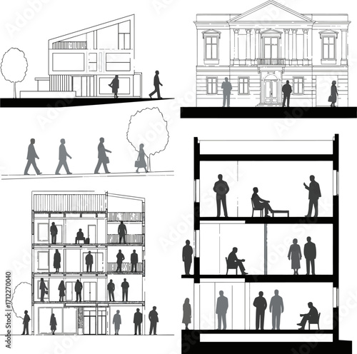 Isolated a kinds of deferent The silhouettes of individuals are showcased in architectural drawings, specifically in elevation and section views, to add a human element to 2D designs vector art with w