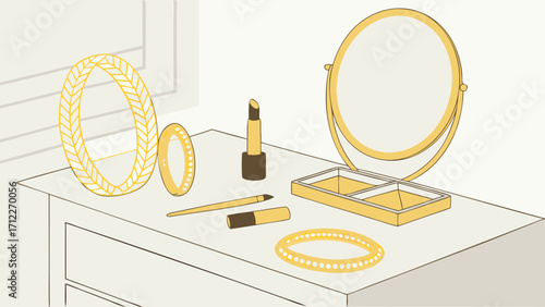 Vanity Table with Jewelry Makeup and Mirror Stylish Flatlay Illustration.