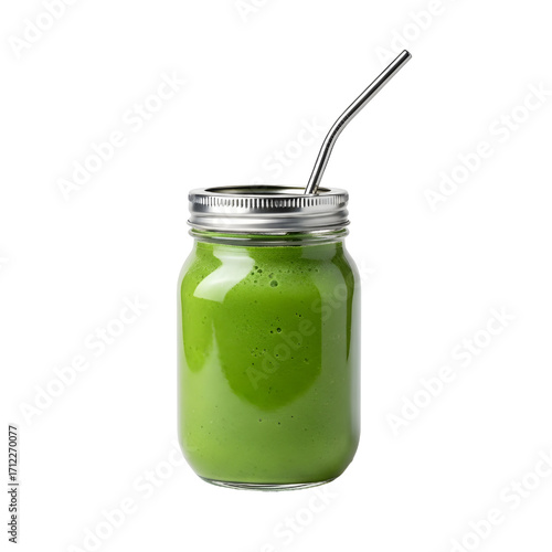 Green Smoothie in Mason Jar, isolated on white background