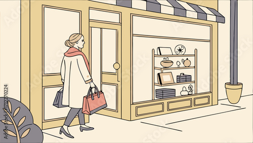 Woman leaving a boutique shop with shopping bags illustration.