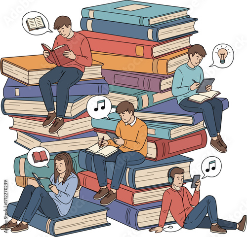  Isolated a kinds of deferent Various books set. Characters reading book, studying with ebook, listening audiobook on smartphone. Education concept. vector art with white background..