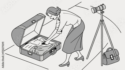 Woman packing a vintage suitcase with camera on tripod nearby.