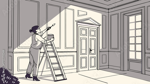 Woman painting interior walls with paint roller on stepladder home improvement renovation project.