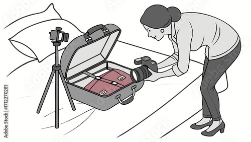Woman Photographing Packed Suitcase on Bed with Camera and Tripod.