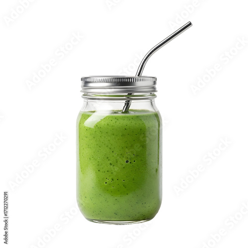 Green Smoothie in Mason Jar, isolated on white background