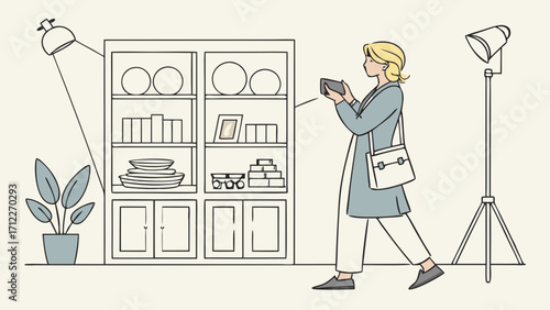 Woman taking photo of home decor on shelves with smartphone.