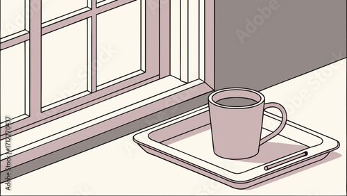 A mug of hot beverage on a tray near a window minimalist illustration isometric view.