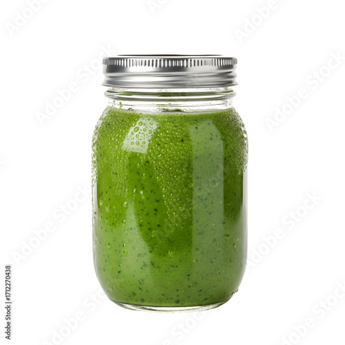 Green Smoothie in Mason Jar, isolated on white background