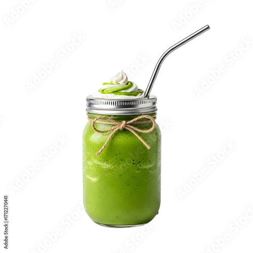 Green Smoothie in Mason Jar, isolated on white background