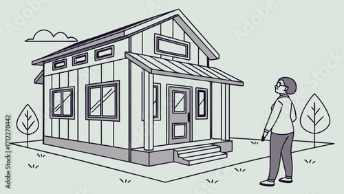 A person admiring a charming house illustration perfect for real estate home design and architecture projects.